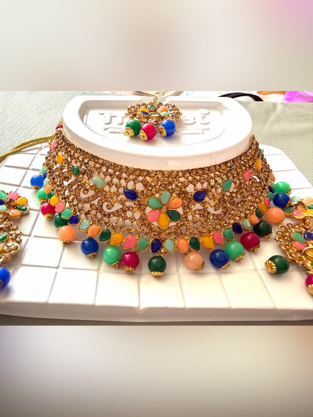 Indian Gold Multi-Color Enamel Floral Choker Necklace